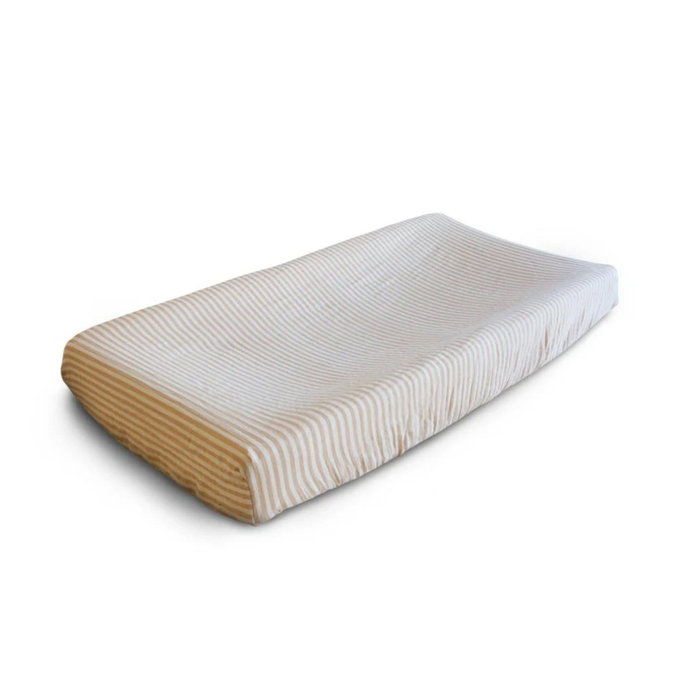 Mushie Extra Soft Muslin Changing Pad Cover Tan White Stripes 100% Cotton NEW